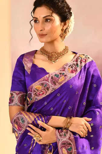 Purple printed raw silk saree set