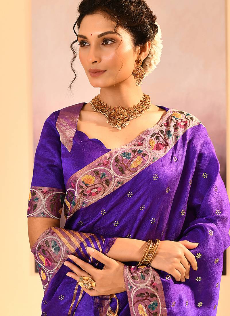 Purple printed raw silk saree set