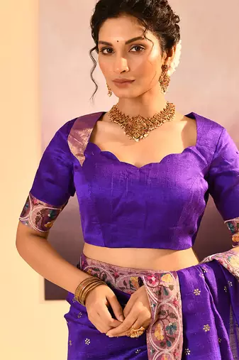 Purple printed raw silk saree set