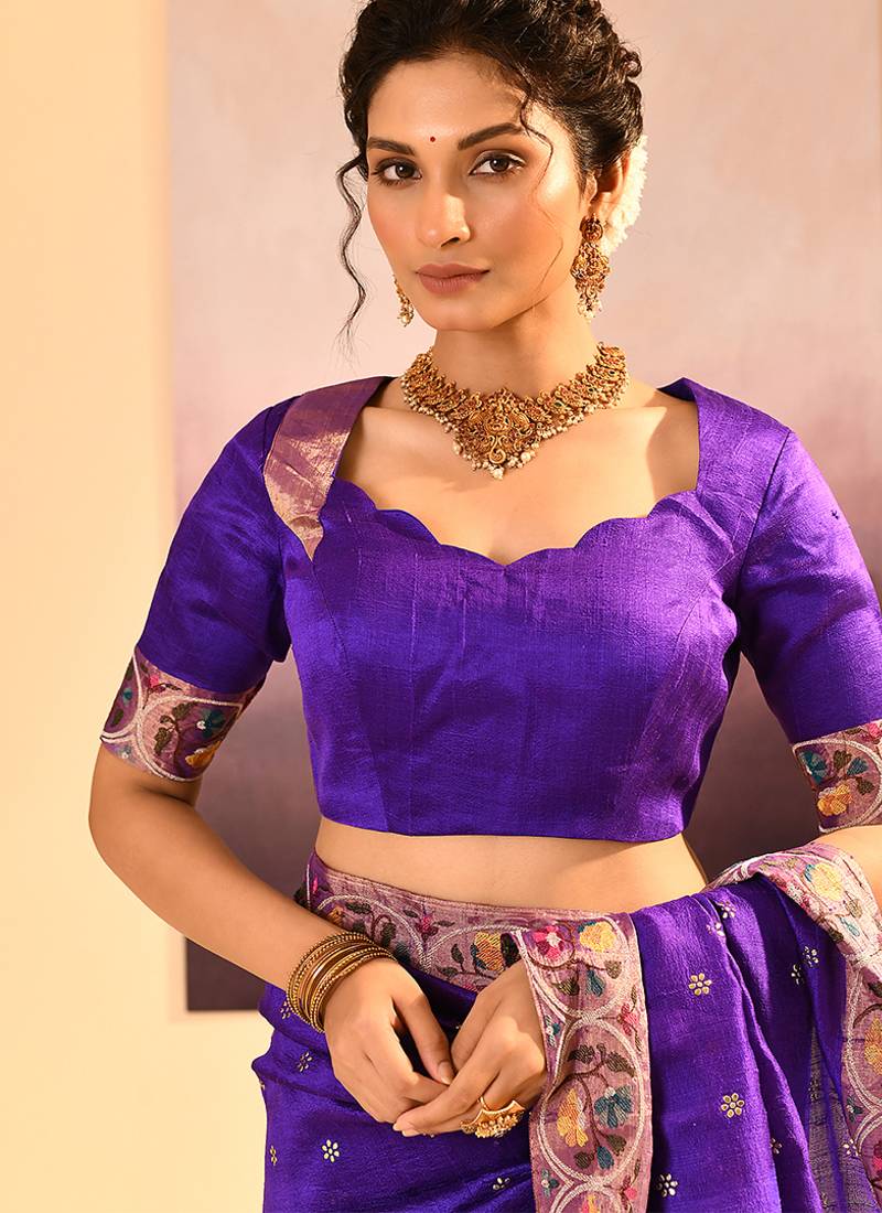 Purple printed raw silk saree set