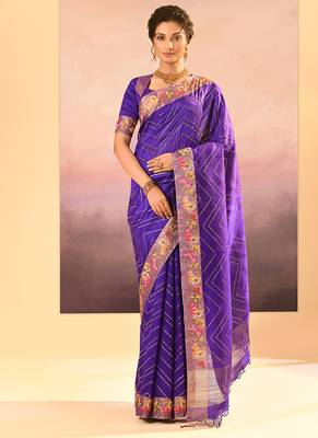 Deep purple printed raw silk saree set 1