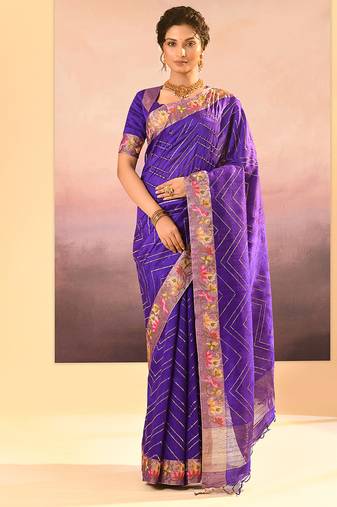 Deep purple printed raw silk saree set