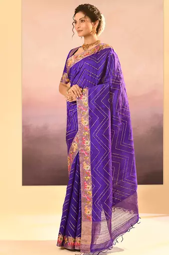 Deep purple printed raw silk saree set