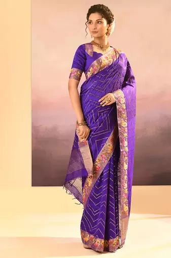 Deep purple printed raw silk saree set
