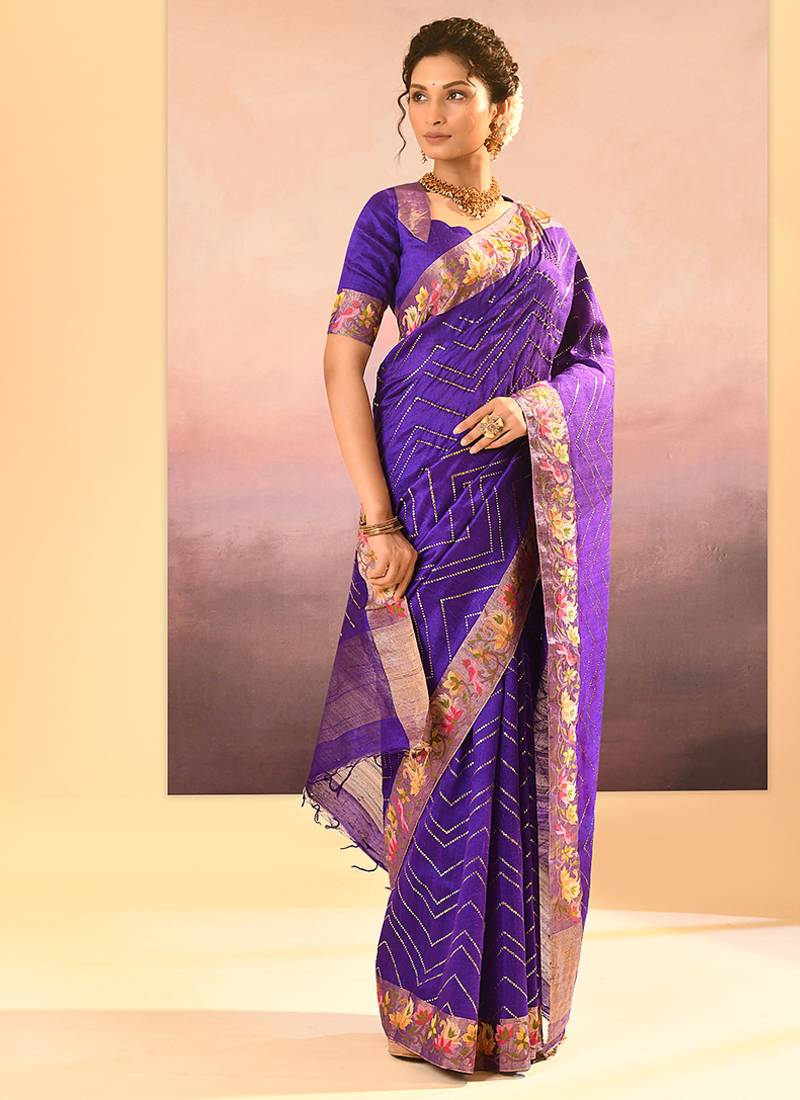 Deep purple printed raw silk saree set