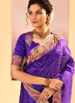Deep purple printed raw silk saree set 4