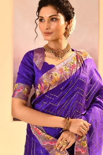 Deep purple printed raw silk saree set