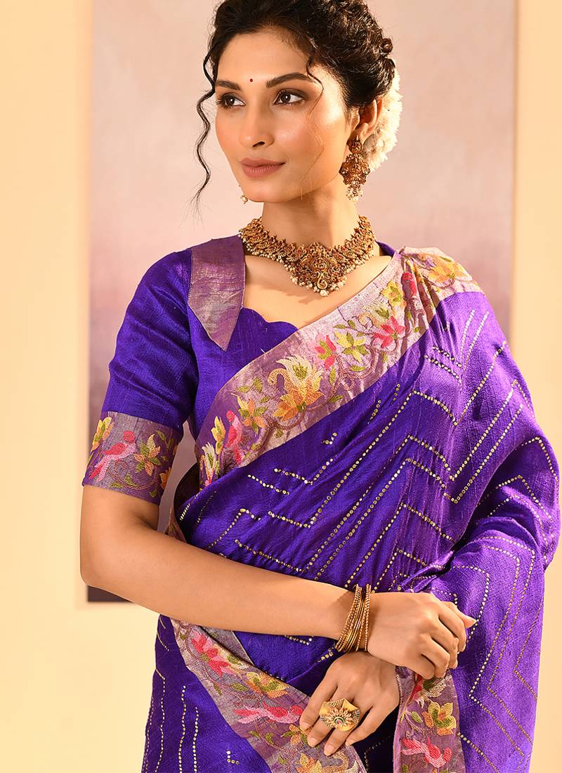 Deep purple printed raw silk saree set