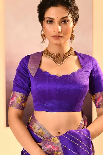 Deep purple printed raw silk saree set