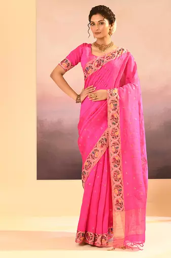 Hot pink printed raw silk saree set