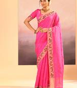 Hot pink printed raw silk saree set