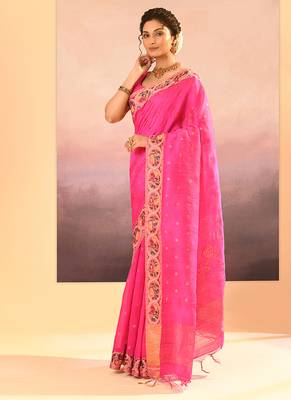 Hot pink printed raw silk saree set 2