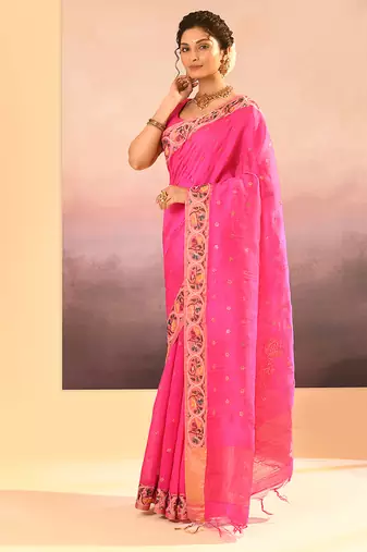 Hot pink printed raw silk saree set