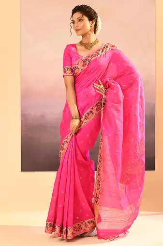 Hot pink printed raw silk saree set