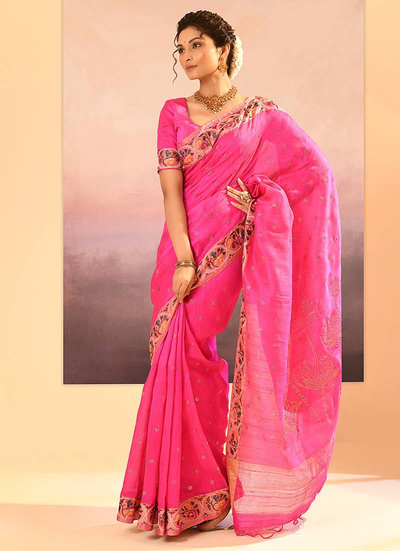 Hot pink printed raw silk saree set