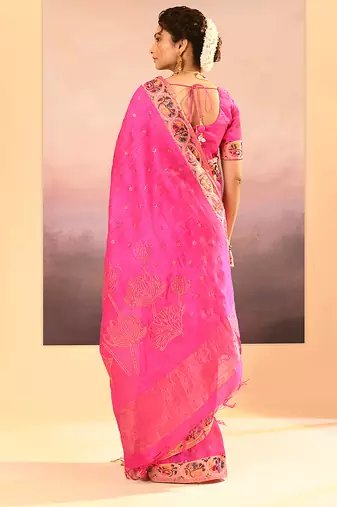 Hot pink printed raw silk saree set