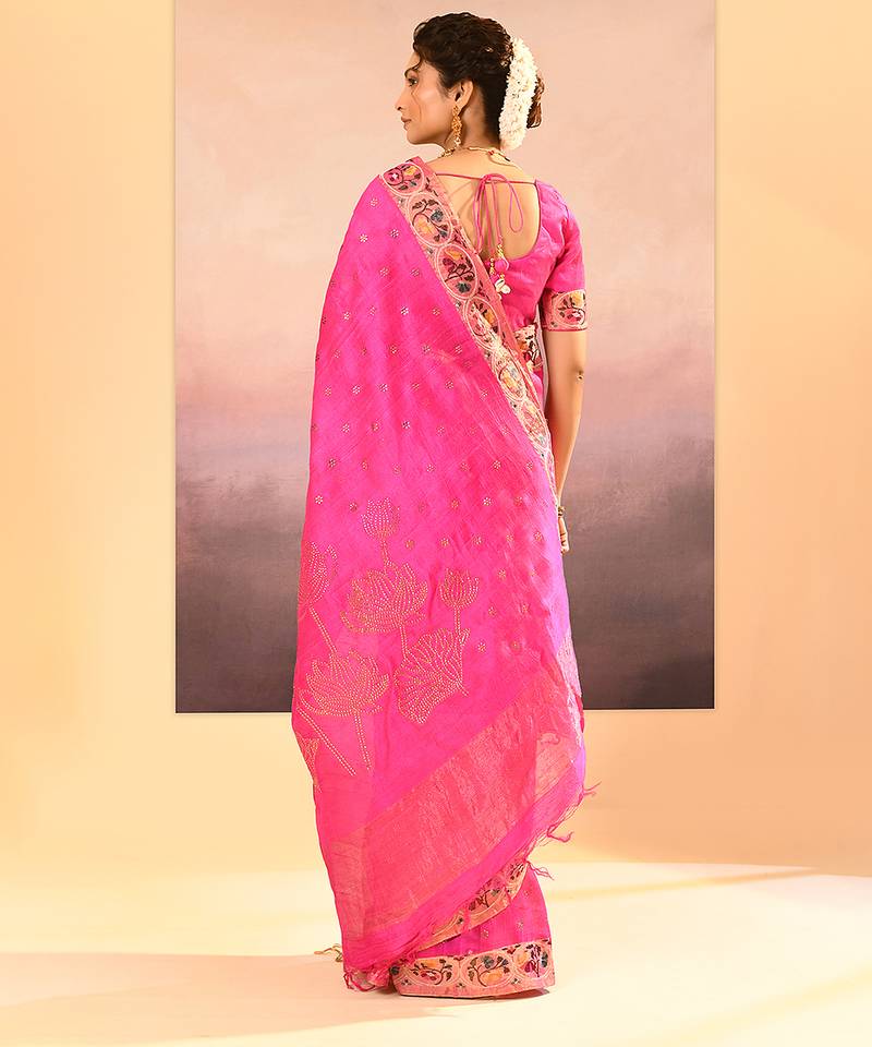 Hot pink printed raw silk saree set