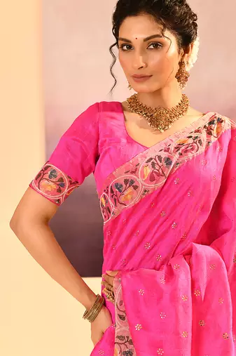 Hot pink printed raw silk saree set