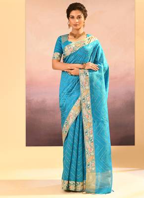 Turquoise blue printed raw silk saree set 1