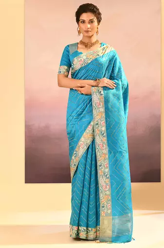 Turquoise blue printed raw silk saree set