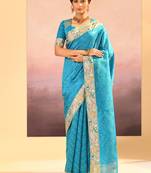 Turquoise blue printed raw silk saree set