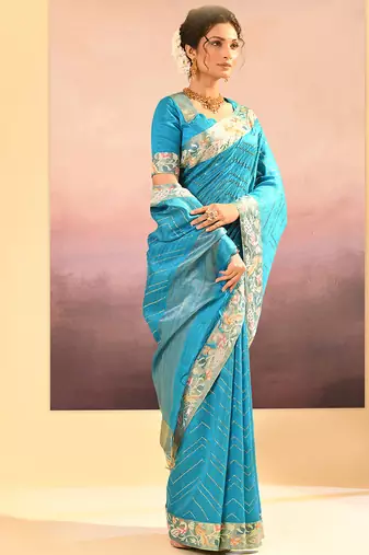 Turquoise blue printed raw silk saree set