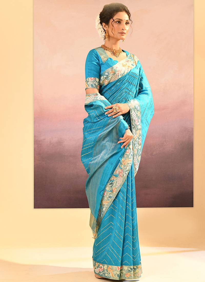 Turquoise blue printed raw silk saree set