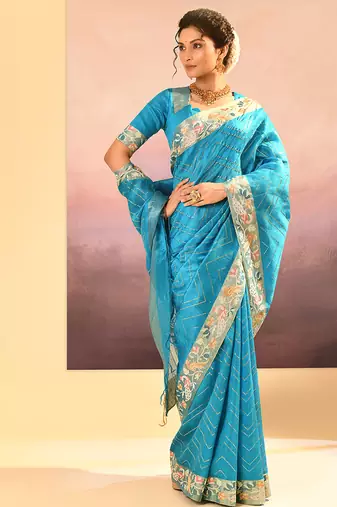 Turquoise blue printed raw silk saree set