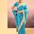 Turquoise blue printed raw silk saree set
