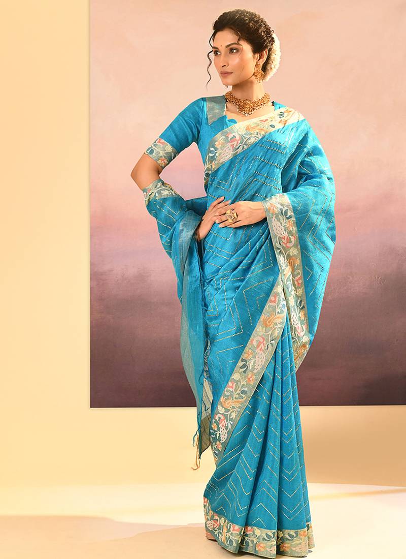 Turquoise blue printed raw silk saree set
