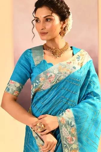 Turquoise blue printed raw silk saree set