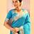 Turquoise blue printed raw silk saree set