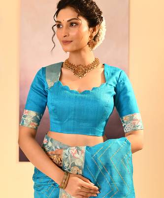 Turquoise blue printed raw silk saree set 5