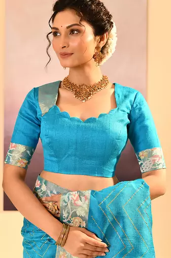 Turquoise blue printed raw silk saree set