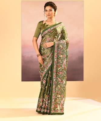 Olive green embroidered tissue saree set 1
