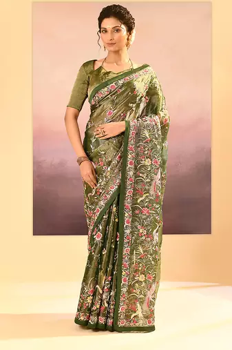Olive green embroidered tissue saree set