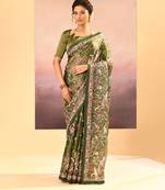 Olive green embroidered tissue saree set