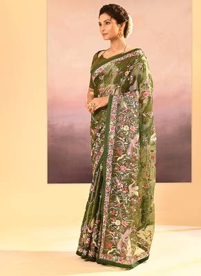 Olive green embroidered tissue saree set 2