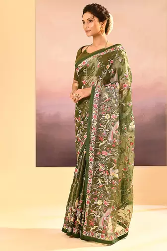 Olive green embroidered tissue saree set