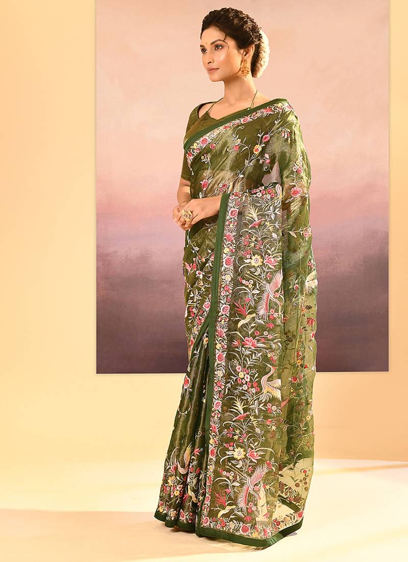 Olive green embroidered tissue saree set