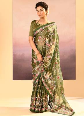 Olive green embroidered tissue saree set 3