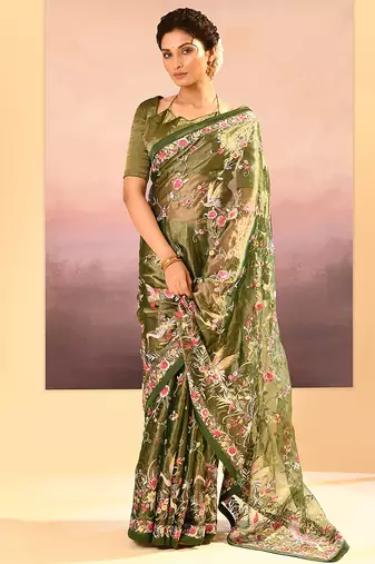 Olive green embroidered tissue saree set