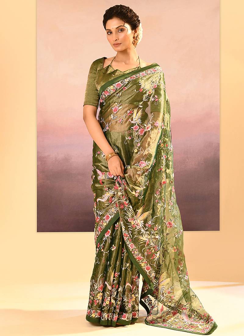 Olive green embroidered tissue saree set