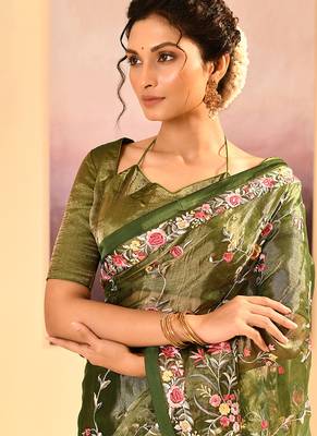 Olive green embroidered tissue saree set 4