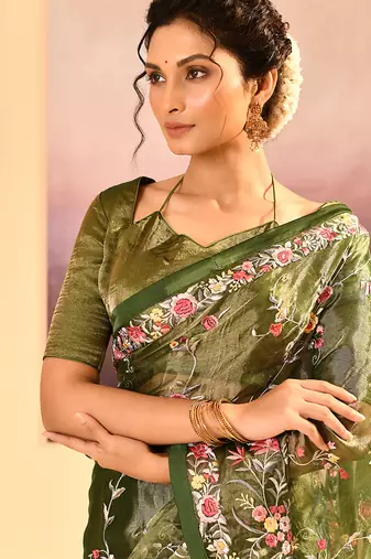 Olive green embroidered tissue saree set