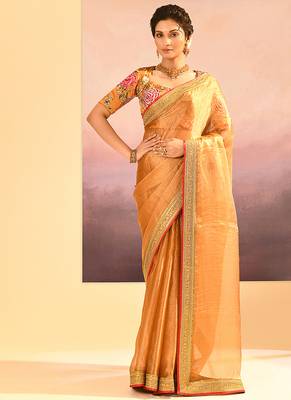 Mustard gold embroidered tissue saree set 1