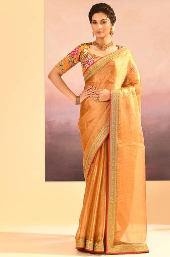 Mustard gold embroidered tissue saree set