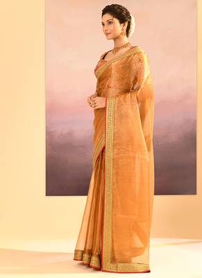 Mustard gold embroidered tissue saree set 2