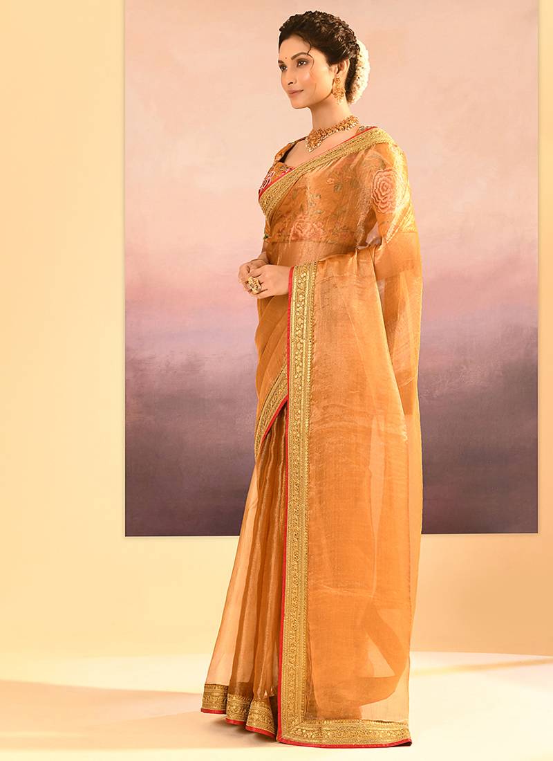 Mustard gold embroidered tissue saree set