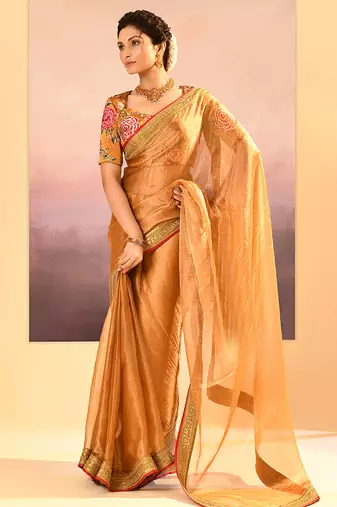 Mustard gold embroidered tissue saree set